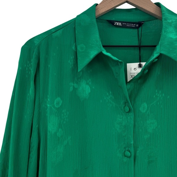 NEW Zara Floral Jacquard Long Sleeve Button Down Shirt Solid Green Blouse | XL - Picture 4 of 7